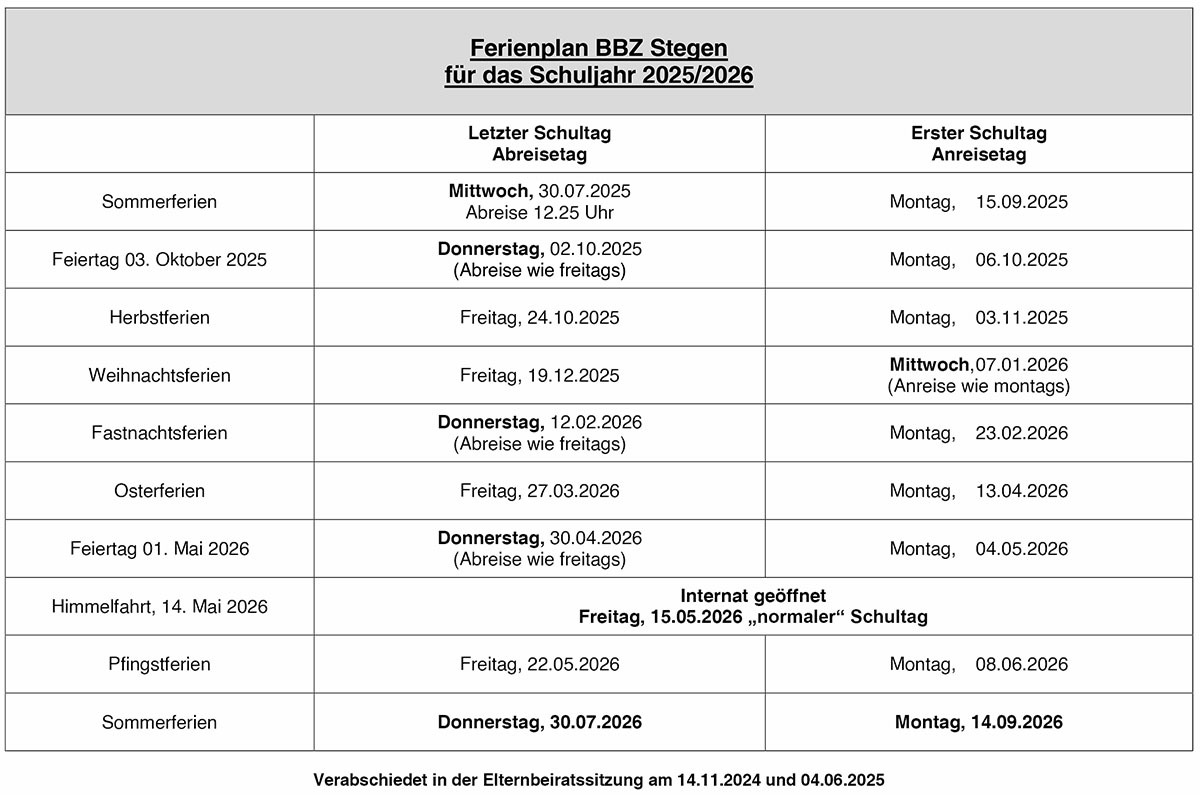 Tabellenversion Ferienplan 2025 2026 BBZ Stegen